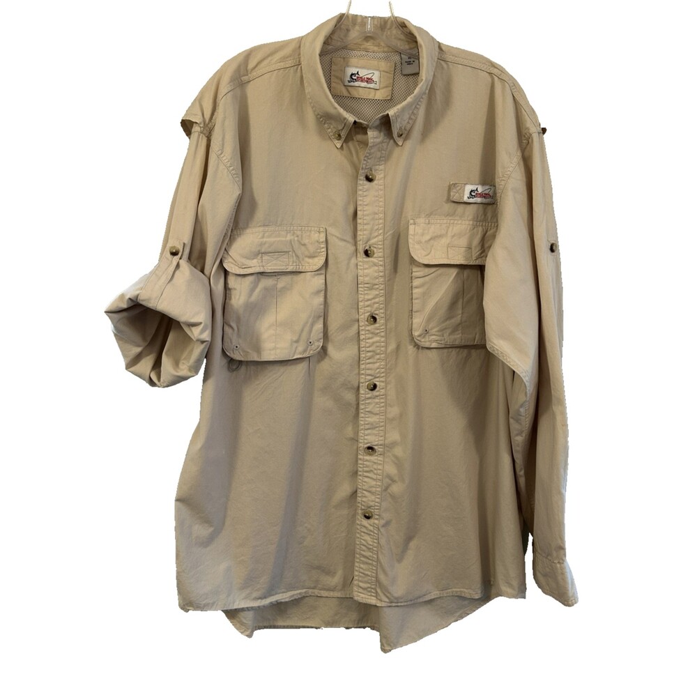 World Wide Sportsman Fishing Shirt Men's XL Roll Up Sleeve Vented Khaki